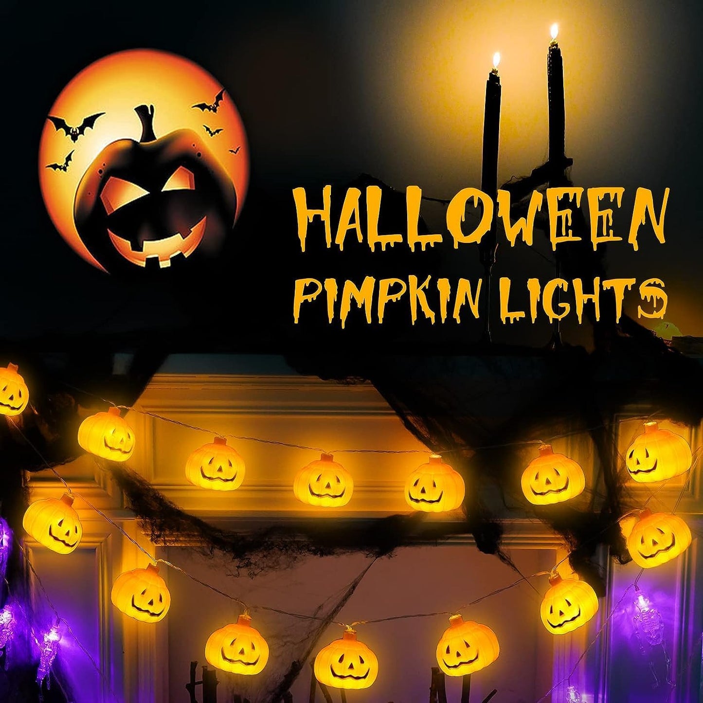 Halloween String Lights, 30 LED Pumpkin Lanterns Lights, Orange Pumpkin Lights with 2 Lighting Modes, LED Pumpkin Lights, Holiday Lights for Home Indoor Outdoor Halloween Decorations (4.5M)
