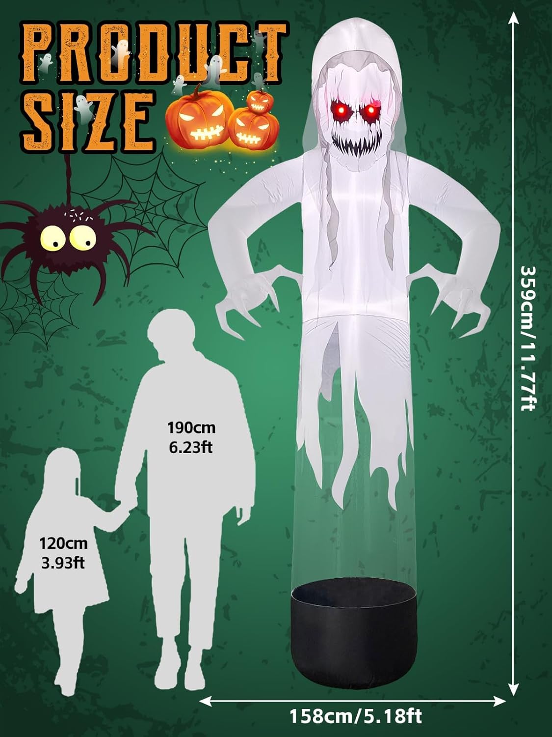 Kalolary 10FT Height Halloween Inflatables Outdoor Pumpkin Head Ghost, Blow Up Yard Decoration Clearance with LED for Halloween Party Indoor, Outdoor, Yard, Garden, Lawn Decorations