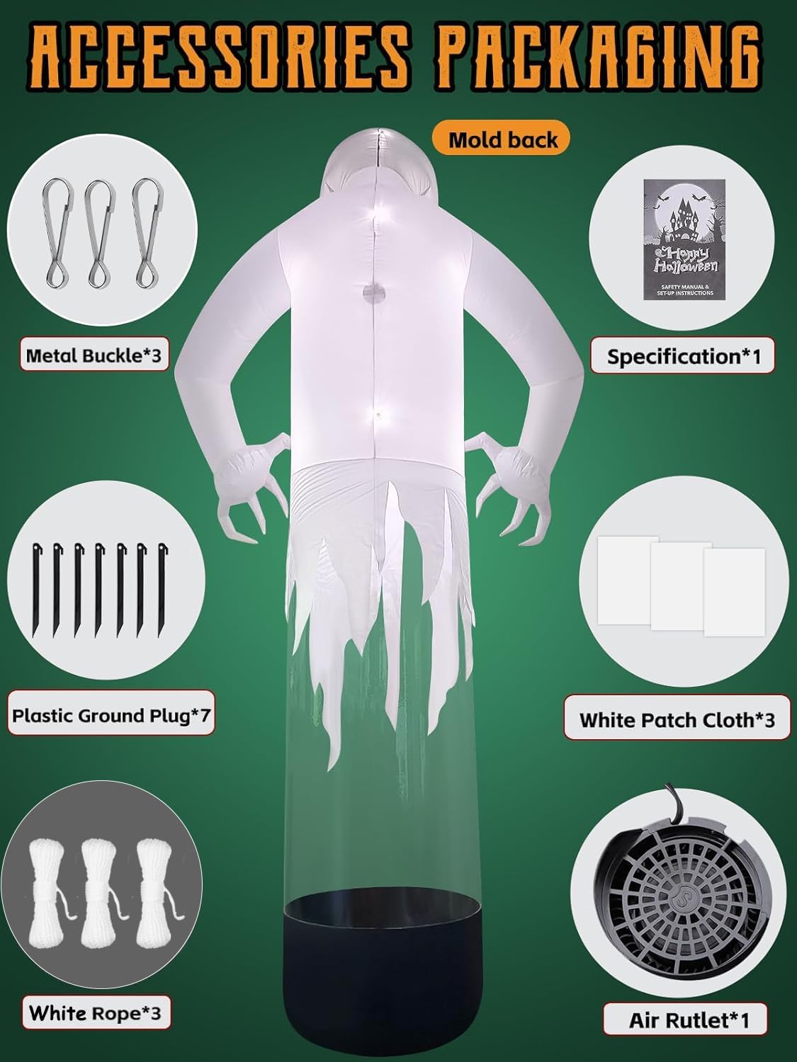 Kalolary 10FT Height Halloween Inflatables Outdoor Pumpkin Head Ghost, Blow Up Yard Decoration Clearance with LED for Halloween Party Indoor, Outdoor, Yard, Garden, Lawn Decorations