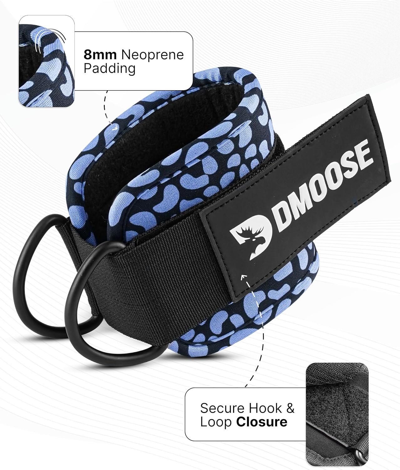 DMoose Ankle Straps Cable Machines for Kickbacks, Glute Workouts, Leg Extensions, Curls, and Hip Abductors for Men and Women, Adjustable Ankle Strap with Double D-Rings and Neoprene Support