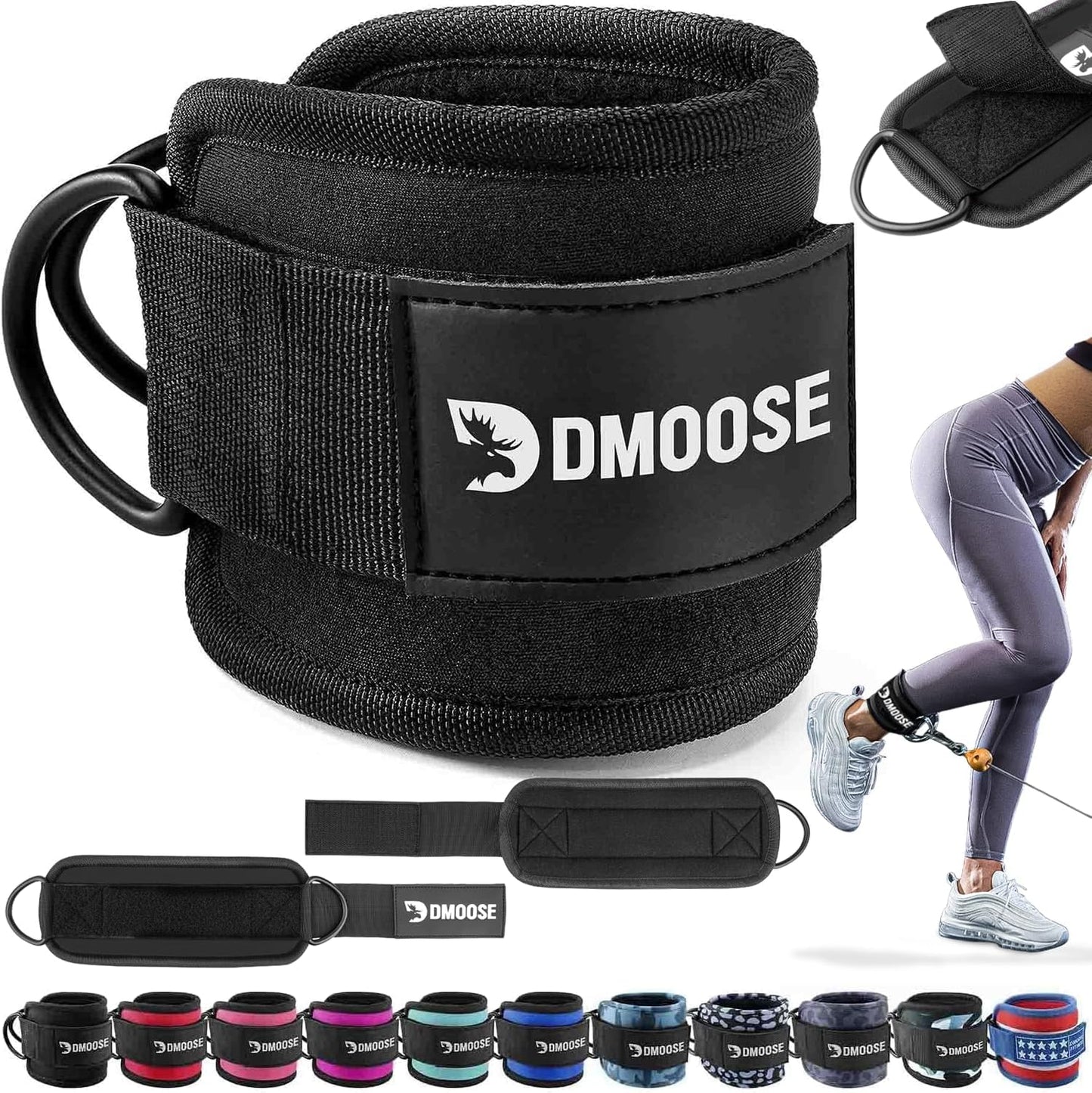 DMoose Ankle Straps Cable Machines for Kickbacks, Glute Workouts, Leg Extensions, Curls, and Hip Abductors for Men and Women, Adjustable Ankle Strap with Double D-Rings and Neoprene Support