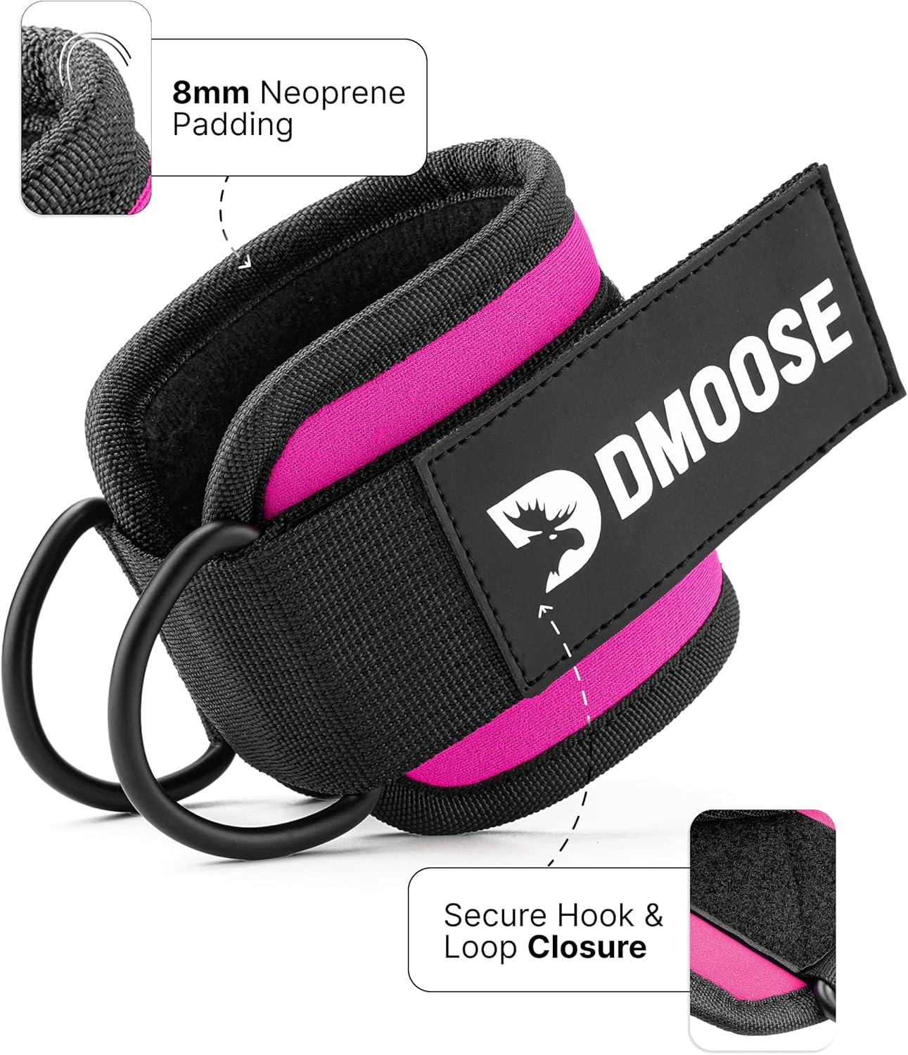 DMoose Ankle Straps Cable Machines for Kickbacks, Glute Workouts, Leg Extensions, Curls, and Hip Abductors for Men and Women, Adjustable Ankle Strap with Double D-Rings and Neoprene Support