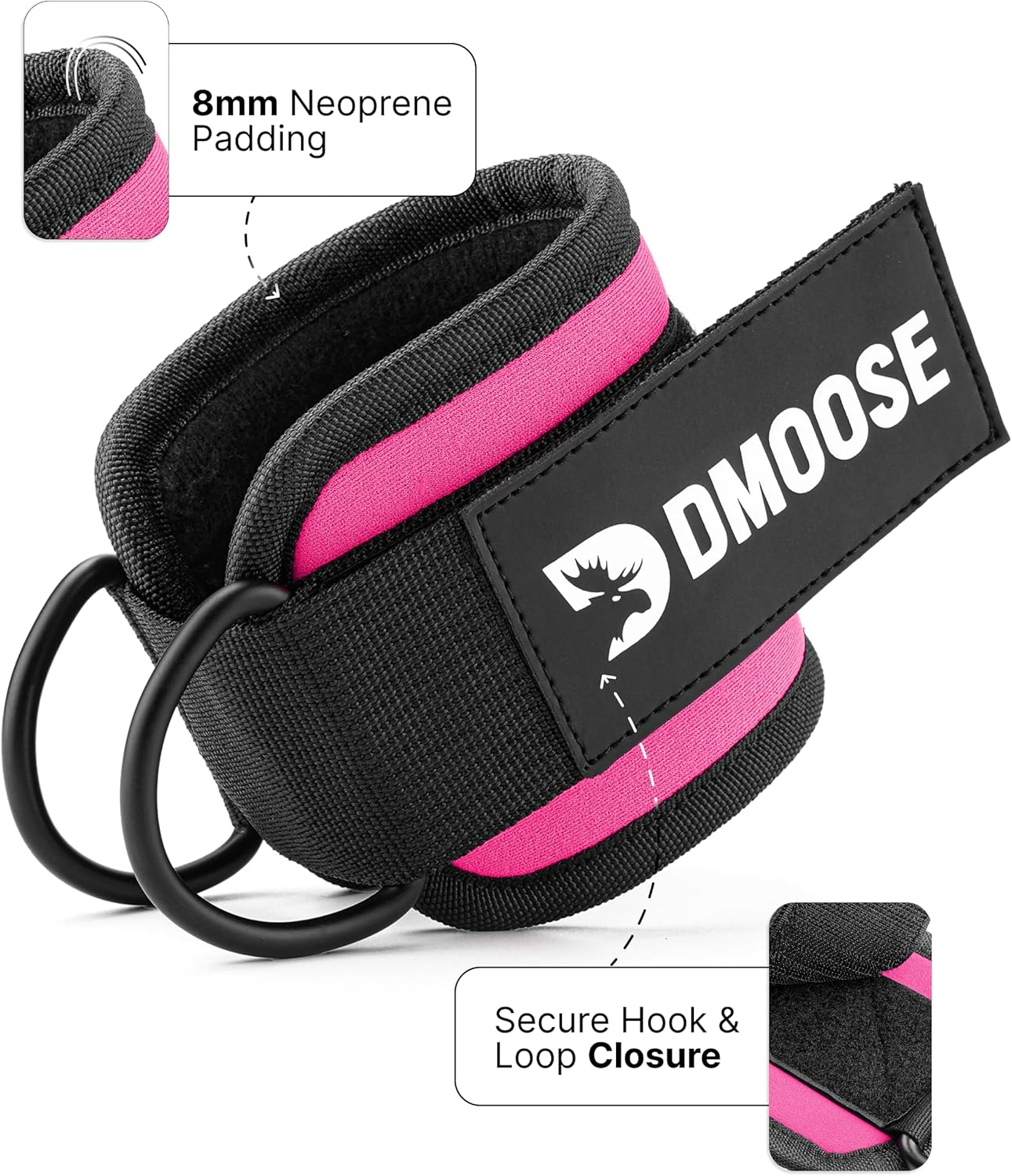 DMoose Ankle Straps Cable Machines for Kickbacks, Glute Workouts, Leg Extensions, Curls, and Hip Abductors for Men and Women, Adjustable Ankle Strap with Double D-Rings and Neoprene Support