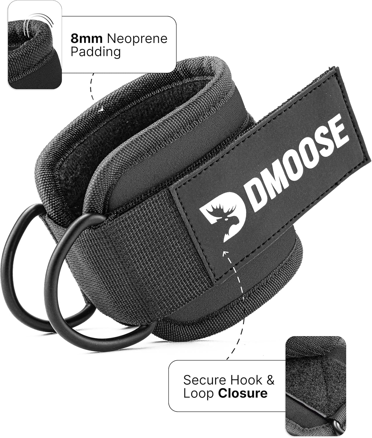 DMoose Ankle Straps Cable Machines for Kickbacks, Glute Workouts, Leg Extensions, Curls, and Hip Abductors for Men and Women, Adjustable Ankle Strap with Double D-Rings and Neoprene Support