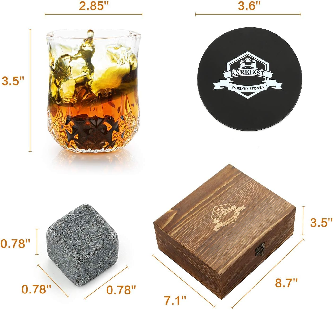 Whiskey Stones and Whiskey Glass Gift Box Set - 8 Granite Chilling Whisky Rocks + 2 Glasses in Wooden Box for Men Father's Day Dad's Birthday