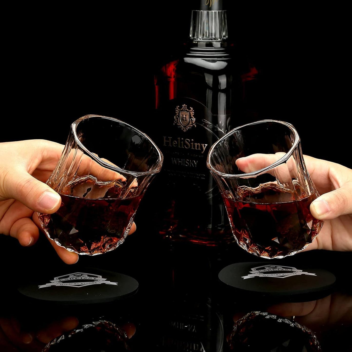 Whiskey Stones and Whiskey Glass Gift Box Set - 8 Granite Chilling Whisky Rocks + 2 Glasses in Wooden Box for Men Father's Day Dad's Birthday