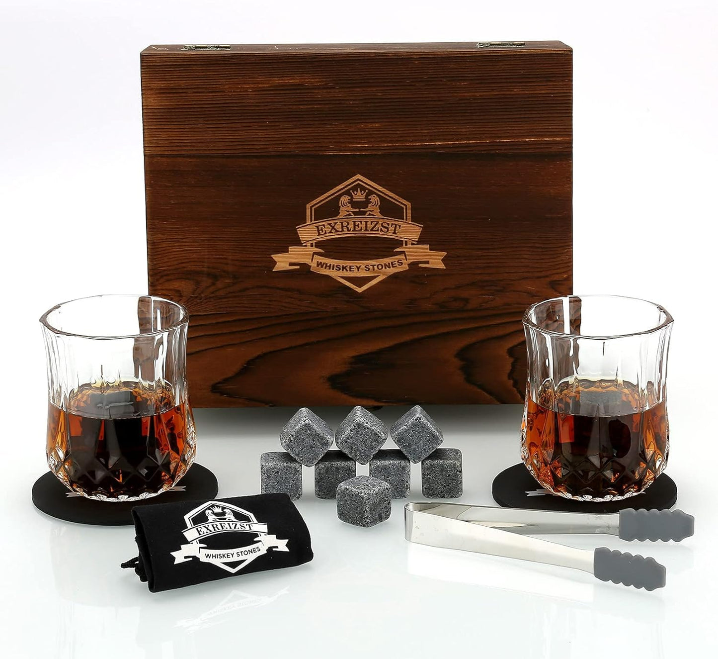 Whiskey Stones and Whiskey Glass Gift Box Set - 8 Granite Chilling Whisky Rocks + 2 Glasses in Wooden Box for Men Father's Day Dad's Birthday