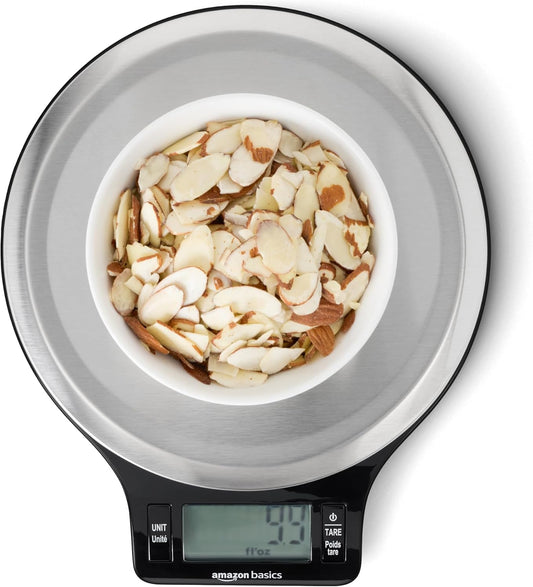 Amazon Basics Digital Kitchen Scale with LCD Display, Batteries Included, Weighs up to 4.9 kgs, Black and Stainless Steel