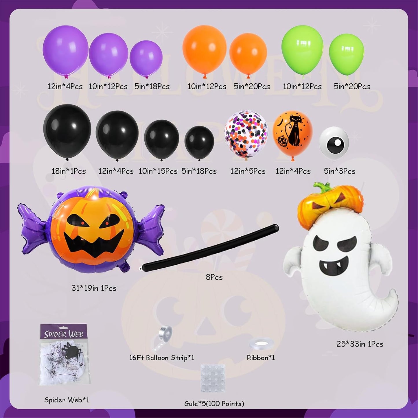 DBKL 138Pcs Halloween Balloons Garland Arch Kit Halloween Party Supplies with Spider Balloon Balloon Black Orange Purple Fruit Green Confetti Balloon for Halloween Day Theme Party Decorations