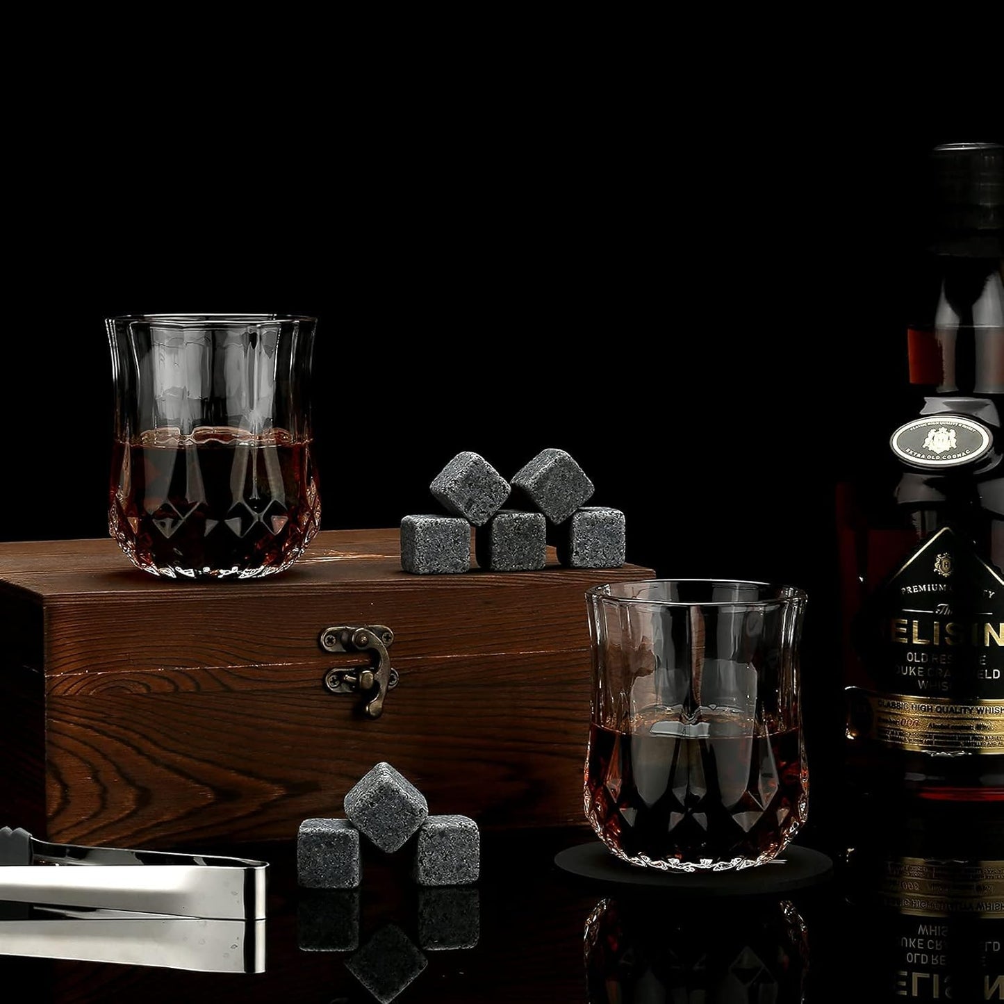 Whiskey Stones and Whiskey Glass Gift Box Set - 8 Granite Chilling Whisky Rocks + 2 Glasses in Wooden Box for Men Father's Day Dad's Birthday
