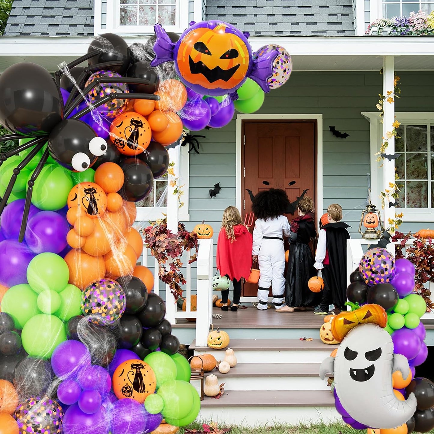 DBKL 138Pcs Halloween Balloons Garland Arch Kit Halloween Party Supplies with Spider Balloon Balloon Black Orange Purple Fruit Green Confetti Balloon for Halloween Day Theme Party Decorations