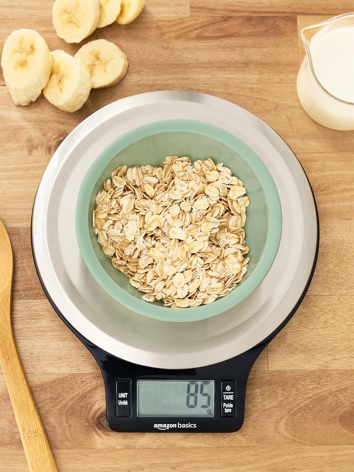 Amazon Basics Digital Kitchen Scale with LCD Display, Batteries Included, Weighs up to 4.9 kgs, Black and Stainless Steel