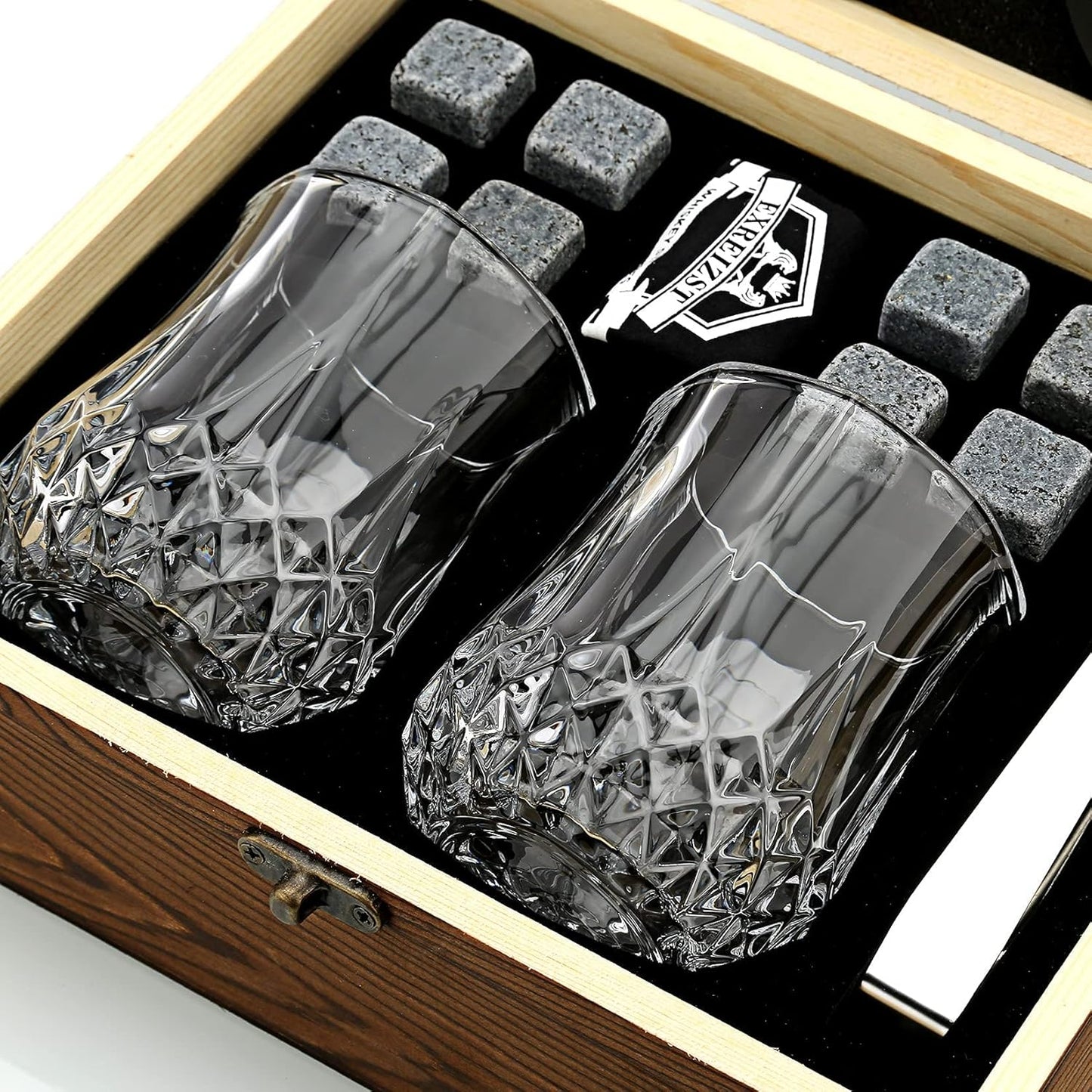 Whiskey Stones and Whiskey Glass Gift Box Set - 8 Granite Chilling Whisky Rocks + 2 Glasses in Wooden Box for Men Father's Day Dad's Birthday