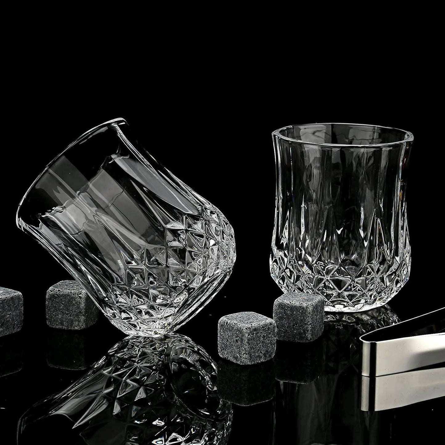 Whiskey Stones and Whiskey Glass Gift Box Set - 8 Granite Chilling Whisky Rocks + 2 Glasses in Wooden Box for Men Father's Day Dad's Birthday