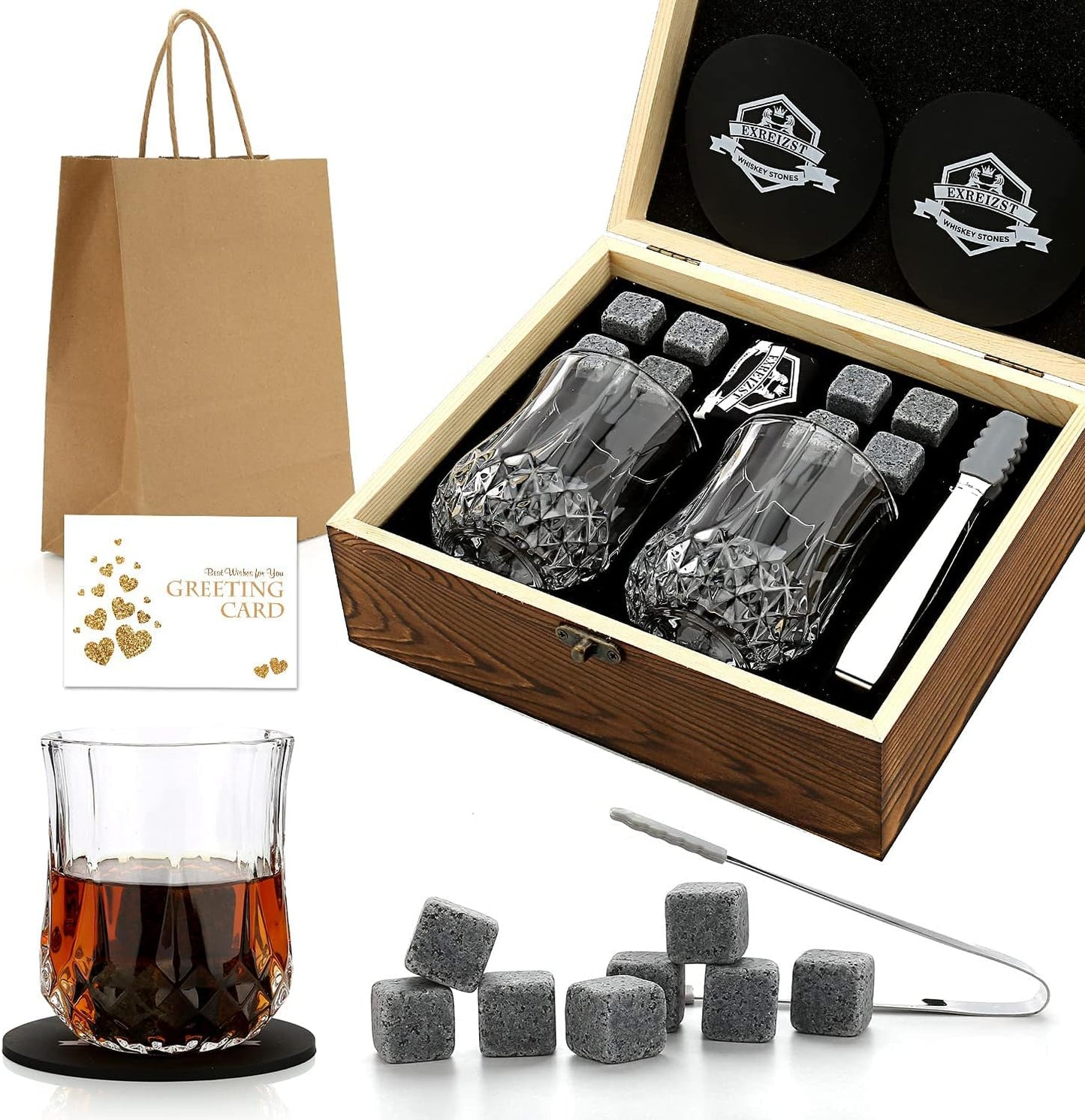 Whiskey Stones and Whiskey Glass Gift Box Set - 8 Granite Chilling Whisky Rocks + 2 Glasses in Wooden Box for Men Father's Day Dad's Birthday