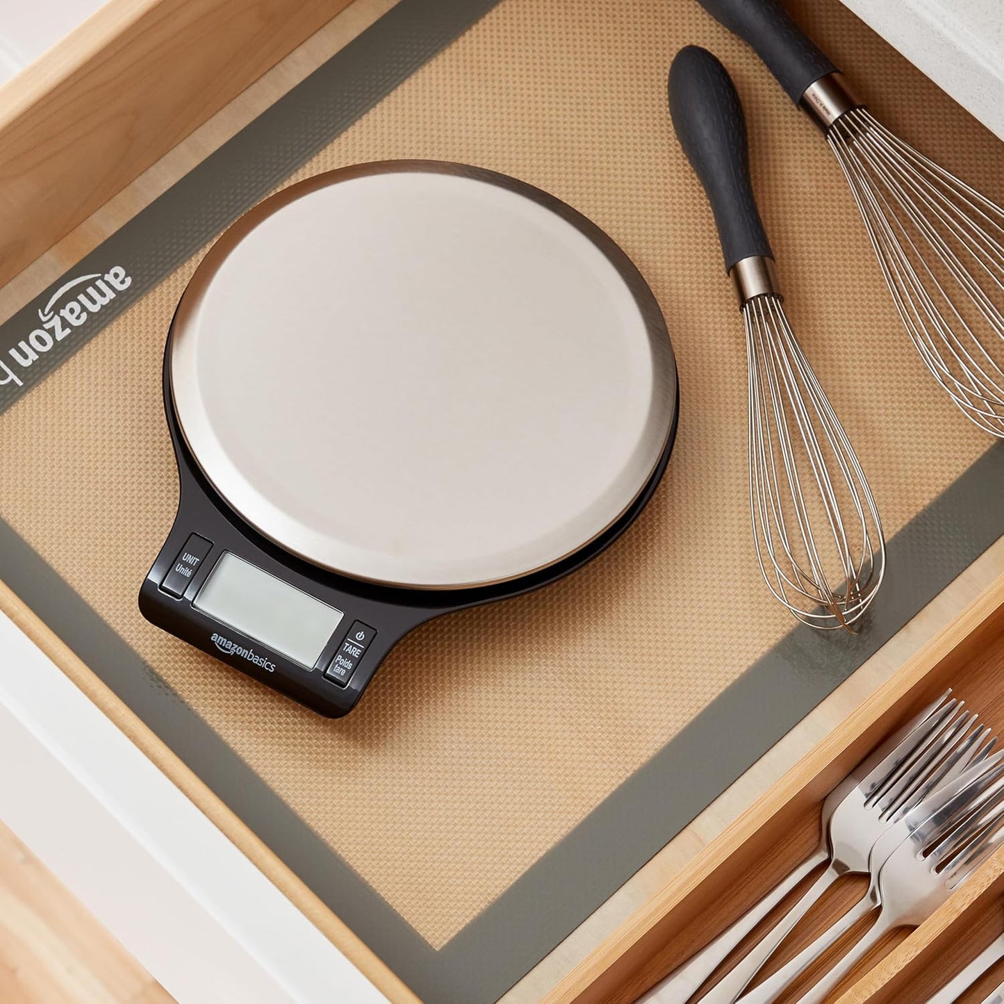 Amazon Basics Digital Kitchen Scale with LCD Display, Batteries Included, Weighs up to 4.9 kgs, Black and Stainless Steel