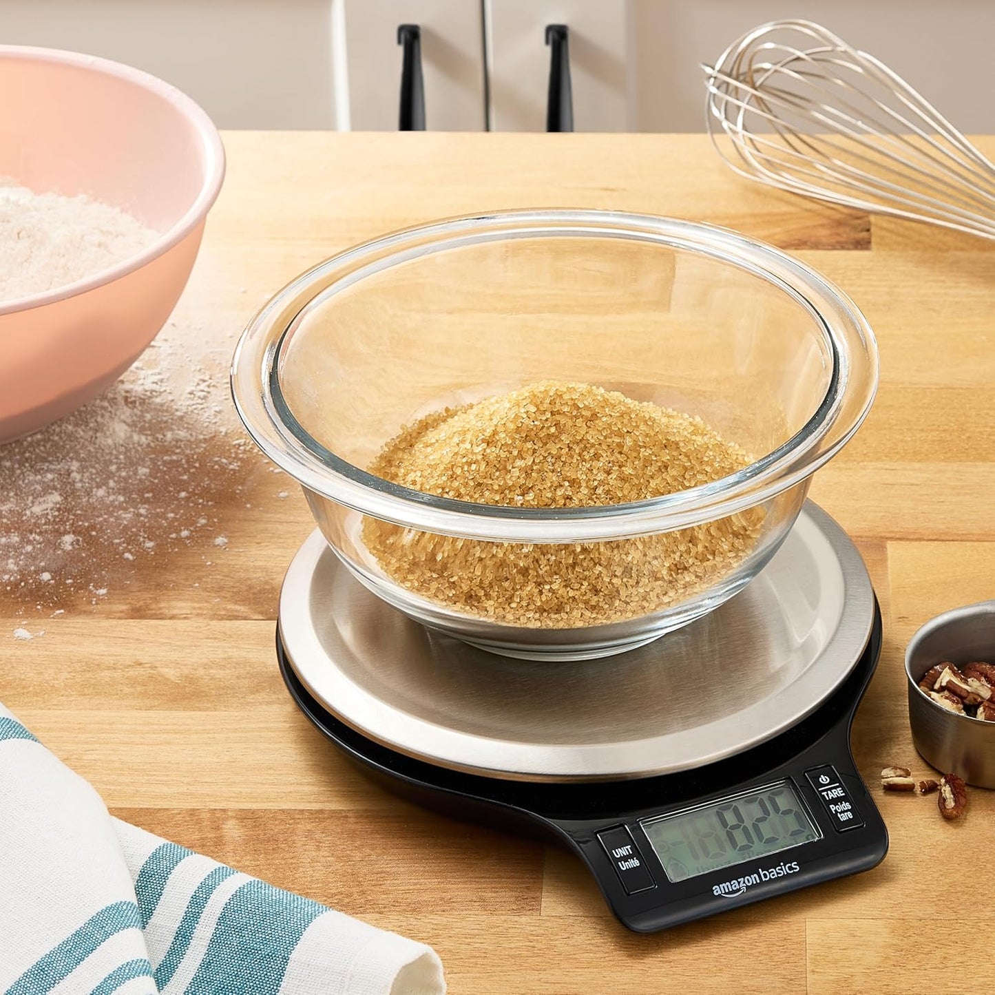 Amazon Basics Digital Kitchen Scale with LCD Display, Batteries Included, Weighs up to 4.9 kgs, Black and Stainless Steel