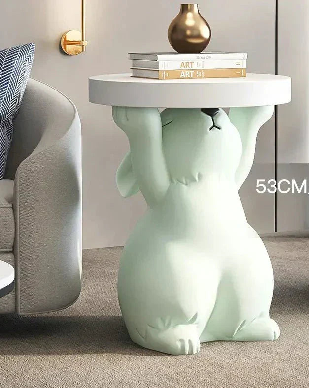 Artistic Rabbit Statue Tea Table - Light Green Round Side Table for Home Decor