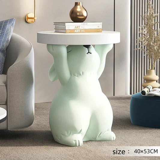 Artistic Rabbit Statue Tea Table - Light Green Round Side Table for Home Decor